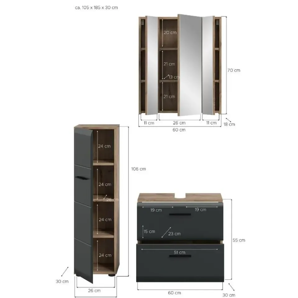 Merkloos Hioshop Ice badkamer I24 zwart mat- eiken decor Discount