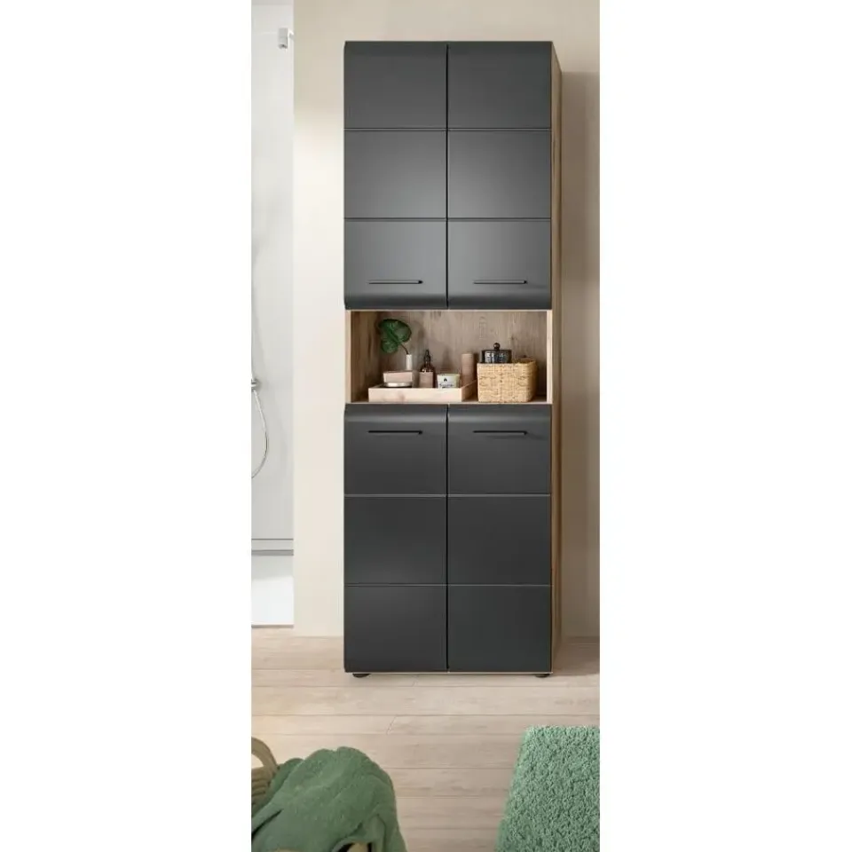 Merkloos Hioshop Ice kolomkast 4 deuren- 1 plank zwart mat- eiken decor Hot