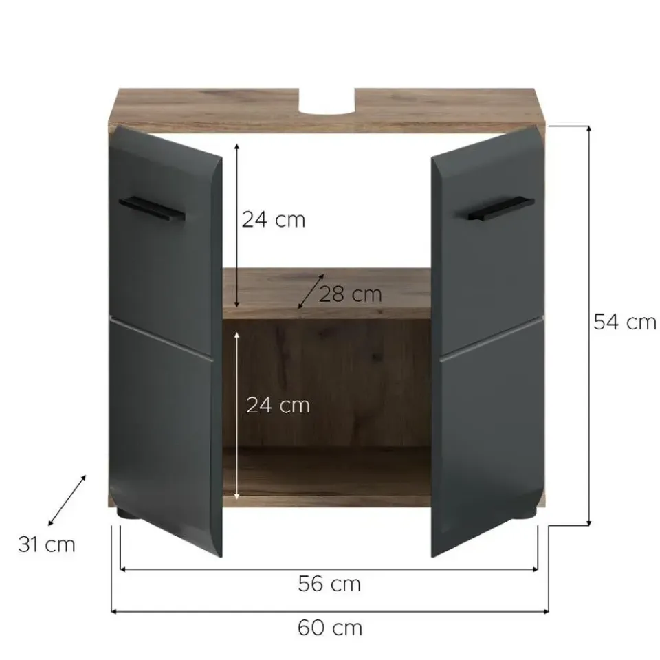 Merkloos Hioshop Ice wastafel 2 deuren zwart mat- eiken decor Sale