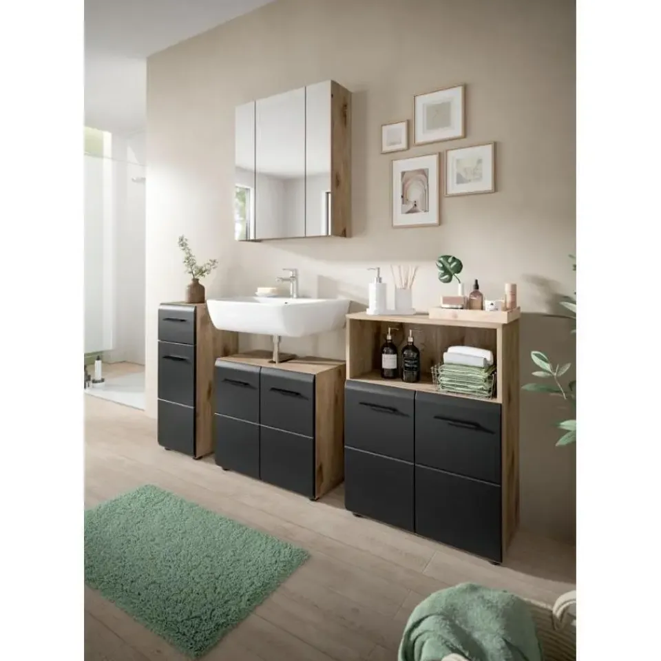 Merkloos Hioshop Ice wastafel 2 deuren zwart mat- eiken decor Sale