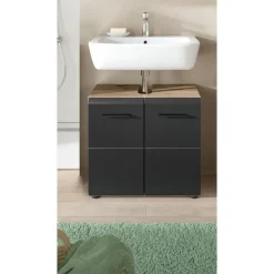 Merkloos Hioshop Ice wastafel 2 deuren zwart mat- eiken decor Sale