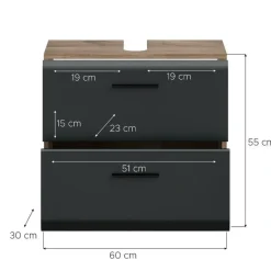 Merkloos Hioshop Ice wastafel 2 lades zwart mat- eiken decor Clearance