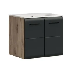 Merkloos Hioshop Ice wastafel inclusief was 2 deuren zwart mat- eiken decor Hot