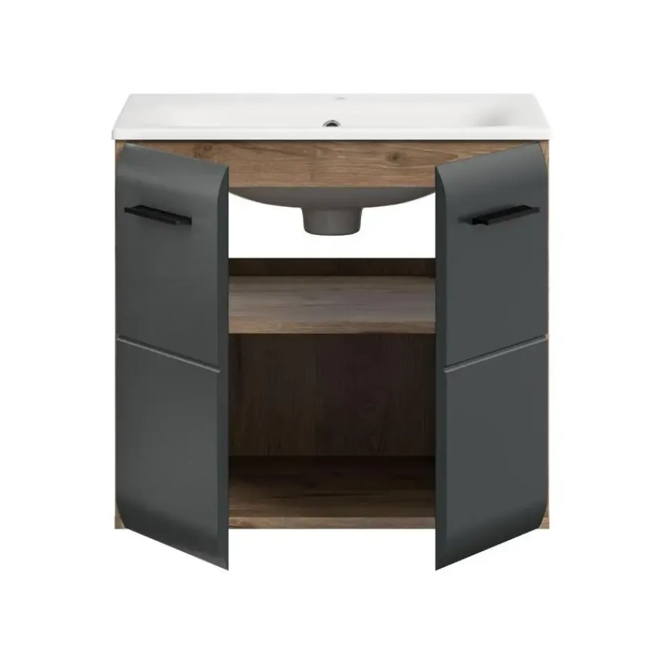 Merkloos Hioshop Ice wastafel inclusief was 2 deuren zwart mat- eiken decor Hot