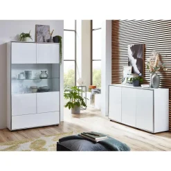 Hioshop Kenan vitrinekast 2 deuren- 1 lade wit hoogglans gelakt New