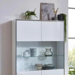 Hioshop Kenan vitrinekast 2 deuren- 1 lade wit hoogglans gelakt New