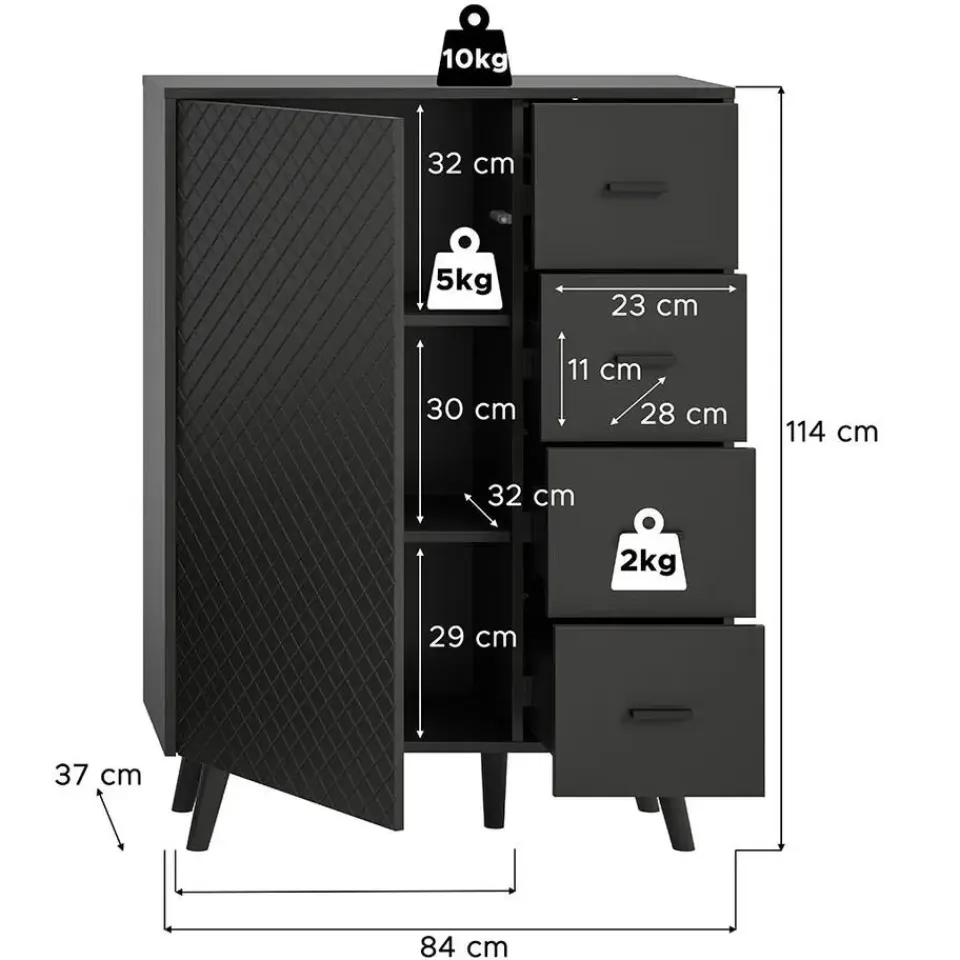 Hioshop Linea dressoir 4 laden 1 deur mat grijs Discount