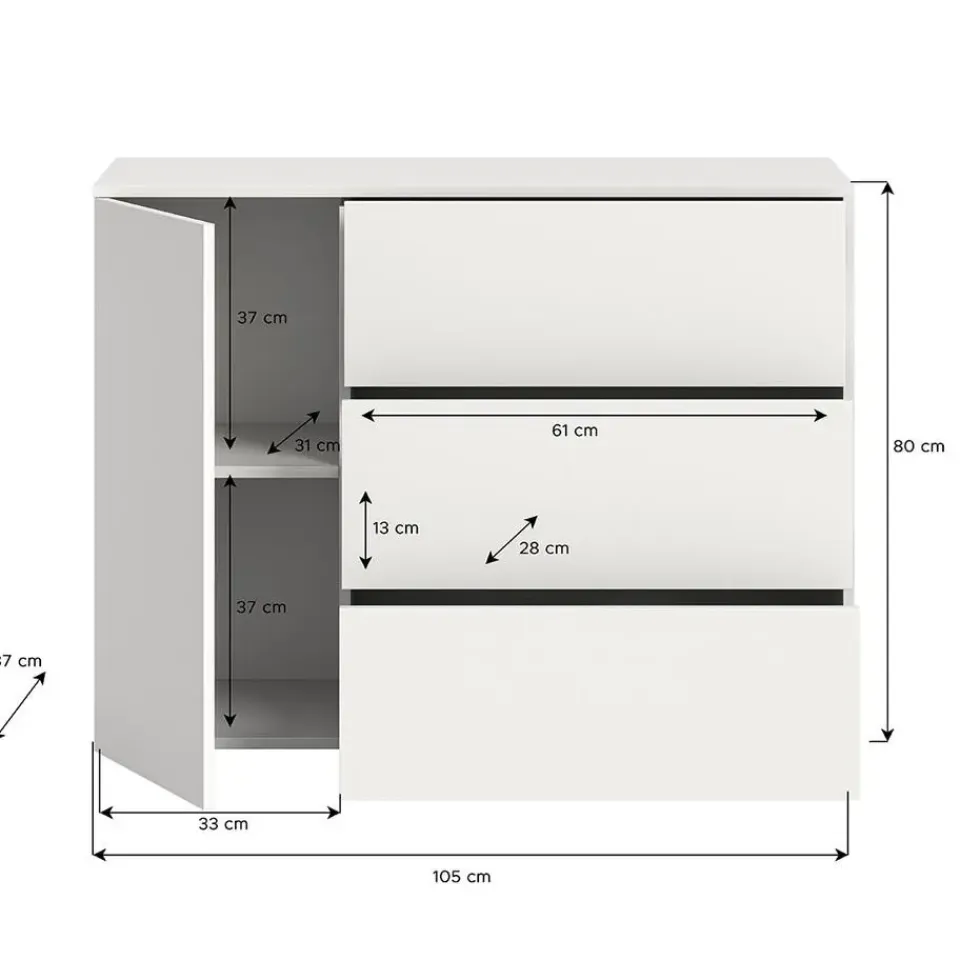 Hioshop Loft dressoir 3 laden 1 deur wit New