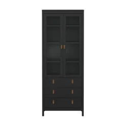 Hioshop Madrid vitrinekast 2 glazen deuren 3 laden zwart mat Outlet