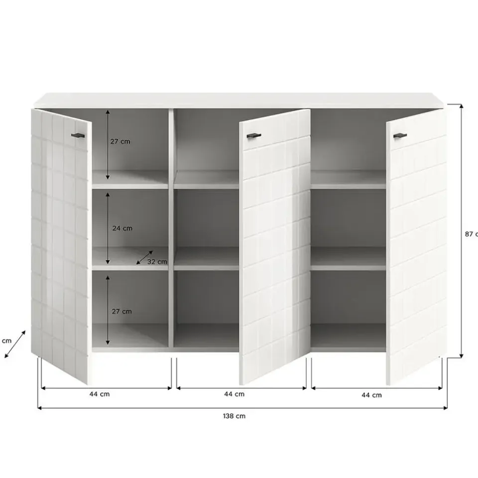 Hioshop Monte dressoir 3 deuren wit hoogglans