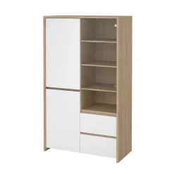 Hioshop Next vitrinekast 3 deuren- 2 lades- 1 plank eiken decor- wit hoogglans Online