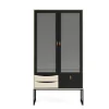 Hioshop Sady vitrinekast 2 glazen deuren- 3 lades mat zwart- eiken decor Online