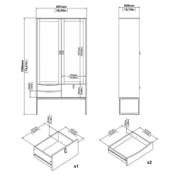 Hioshop Sady vitrinekast 2 glazen deuren- 3 lades mat zwart- eiken decor Online