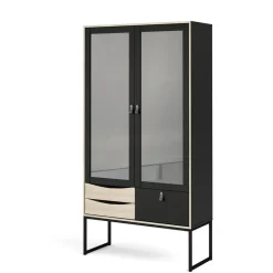 Hioshop Sady vitrinekast 2 glazen deuren- 3 lades mat zwart- eiken decor Online