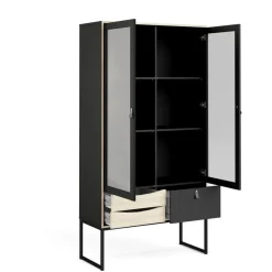 Hioshop Sady vitrinekast 2 glazen deuren- 3 lades mat zwart- eiken decor Online