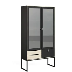 Hioshop Sady vitrinekast 2 glazen deuren- 3 lades mat zwart- eiken decor Online