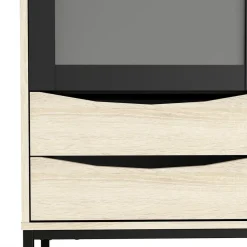 Hioshop Sady vitrinekast 2 glazen deuren- 3 lades mat zwart- eiken decor Online