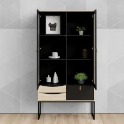 Hioshop Sady vitrinekast 2 glazen deuren- 3 lades mat zwart- eiken decor Online