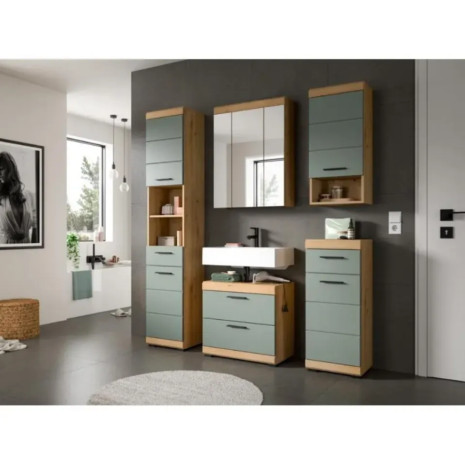 Merkloos Hioshop Scout wastafel 2 deuren- 2 lades- 2 planken salvie decor- eiken decor Hot