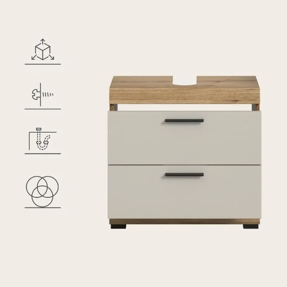 Merkloos Hioshop Scout wastafel 2 lades kasjmier decor mat- eiken decor