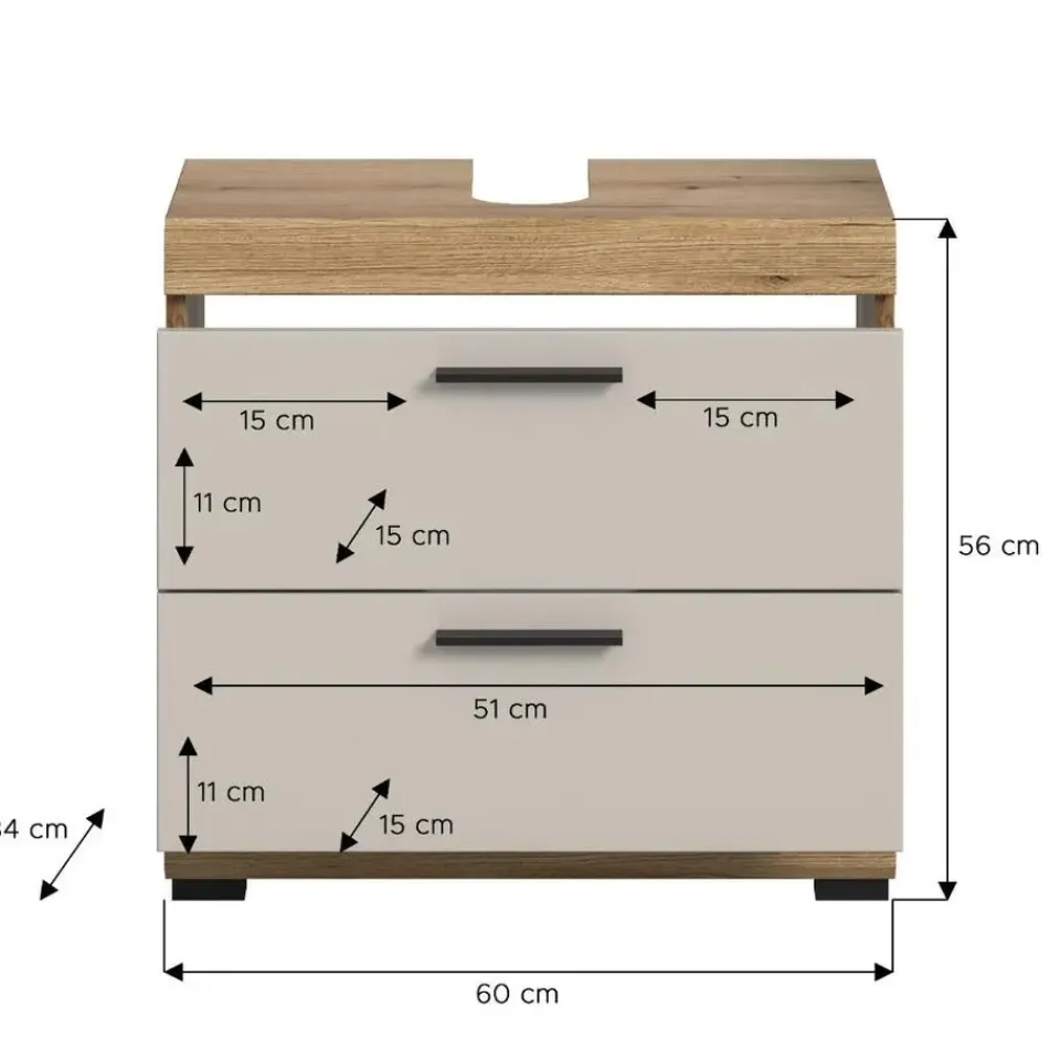 Merkloos Hioshop Scout wastafel 2 lades kasjmier decor mat- eiken decor