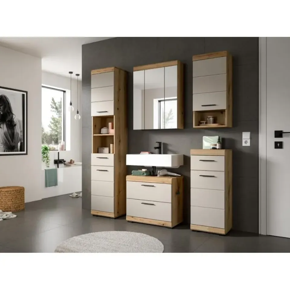 Merkloos Hioshop Scout wastafel 2 lades kasjmier decor mat- eiken decor