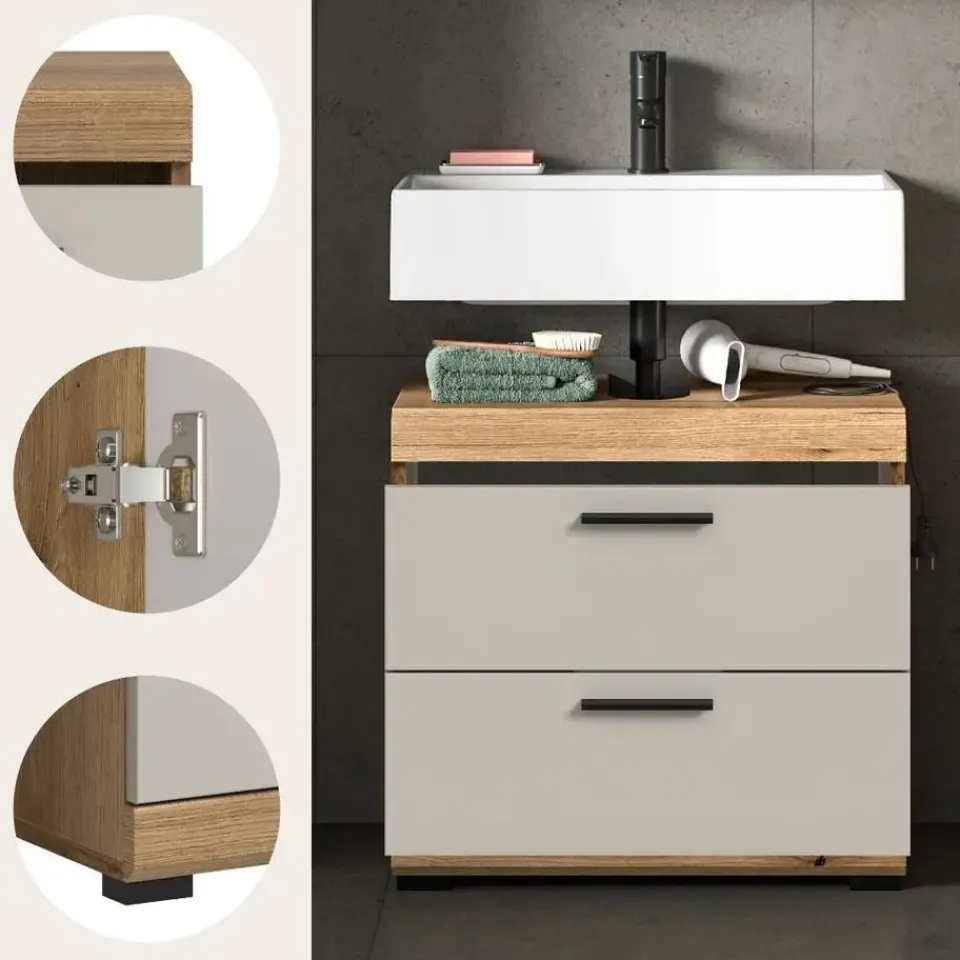 Merkloos Hioshop Scout wastafel 2 lades kasjmier decor mat- eiken decor