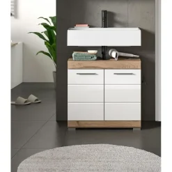 Merkloos Hioshop Wave wastafel 2 deuren wit hoogglans- eiken decor Online