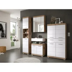 Merkloos Hioshop Wave wastafel 2 deuren wit hoogglans- eiken decor Online