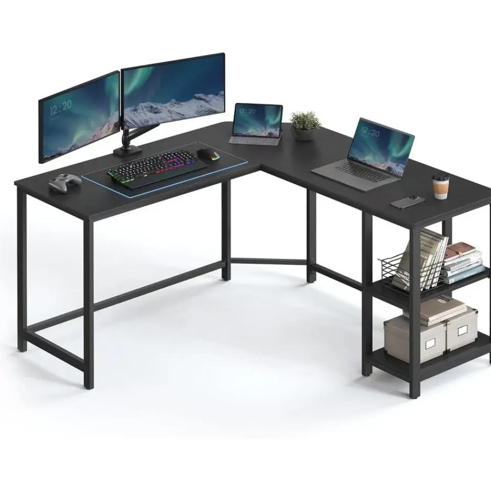 Merkloos Hoekbureau - vintage - 2 legplanken - 138x76x138 cm - zwart