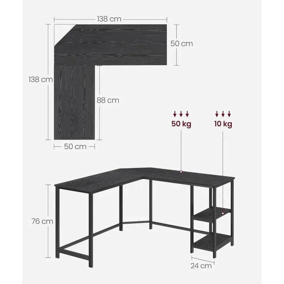 Merkloos Hoekbureau - vintage - 2 legplanken - 138x76x138 cm - zwart
