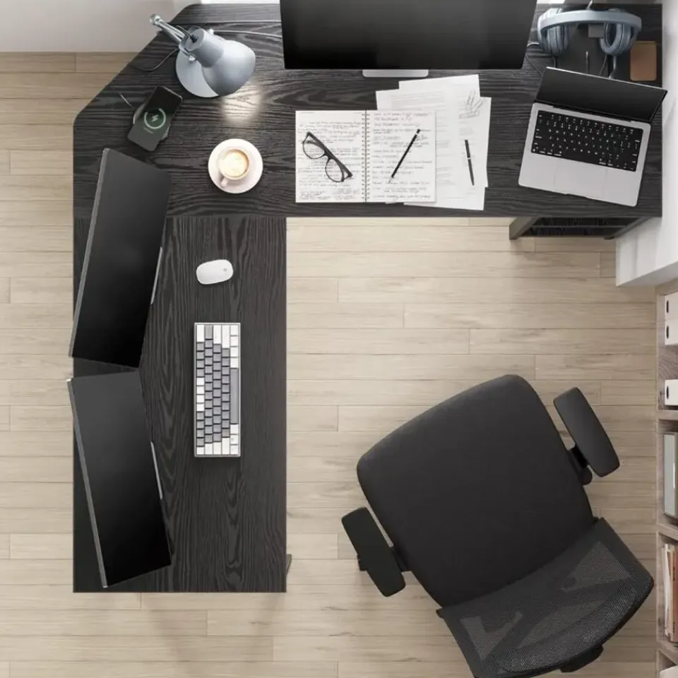 Merkloos Hoekbureau - vintage - 2 legplanken - 138x76x138 cm - zwart