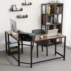 Merkloos Hoekbureau - vintage - 2 legplanken - 138x76x138 cm - vintage bruin Discount