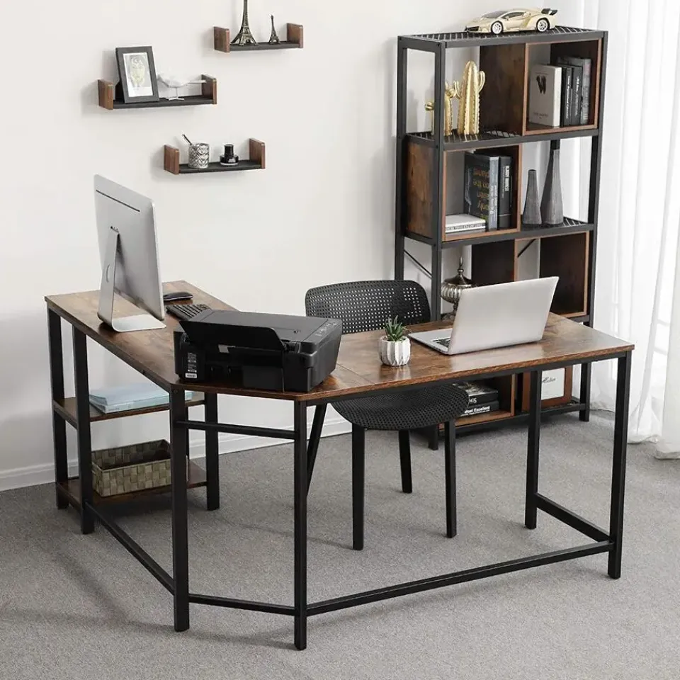 Merkloos Hoekbureau - vintage - 2 legplanken - 138x76x138 cm - vintage bruin Discount