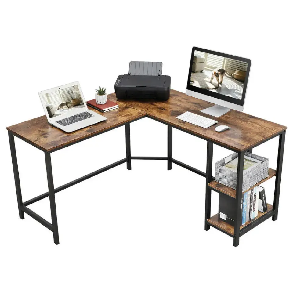 Merkloos Hoekbureau - vintage - 2 legplanken - 138x76x138 cm - vintage bruin Discount