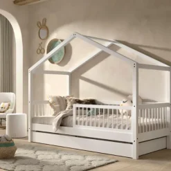 Vipack Huisbed Forrest 90x200cm met bedhekje en bedlade - wit beukenhout Sale