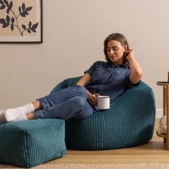 icon - Kingston XL Zitzak Fauteuil met Poef - Ribfluweel - Blauwgroen Sale