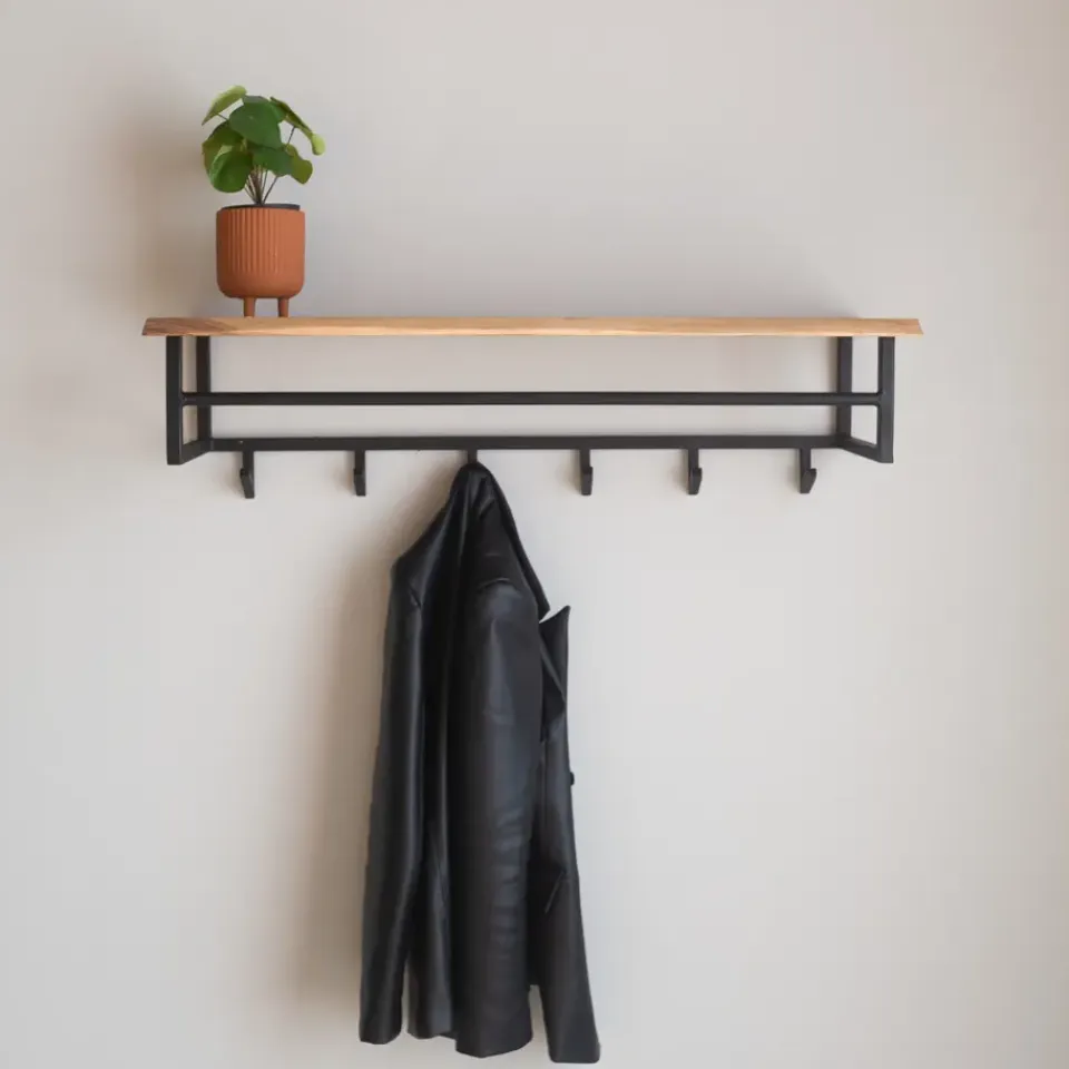 Dimehouse Industriële Kapstok Niels Hoedenplank acaciahout - 33x100x27 cm - Hout - Bruin Best