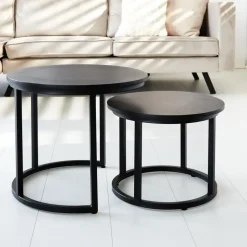 Dimehouse Industriële salontafel set van 2 Rosa zwart - 54x54x44 cm - Mangohout - Zwart Clearance