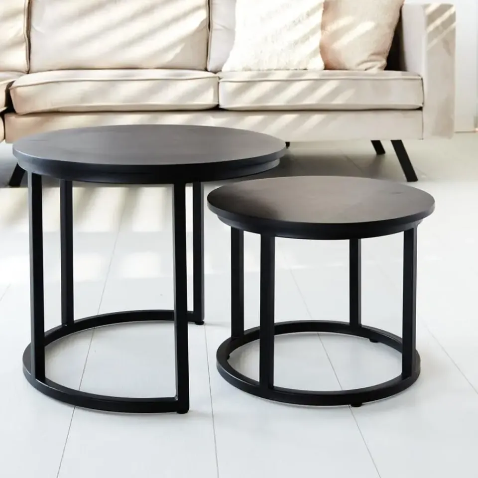 Dimehouse Industriële salontafel set van 2 Rosa zwart - 54x54x44 cm - Mangohout - Zwart Clearance