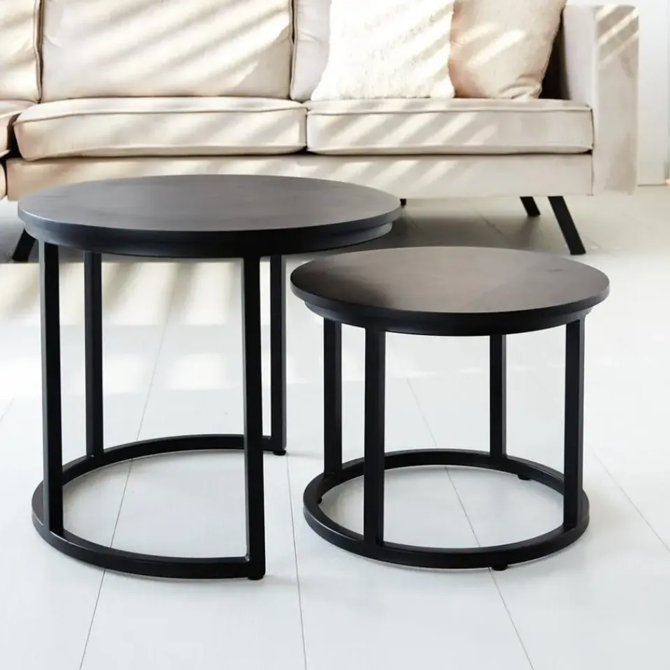 Dimehouse Industriële salontafel set van 2 Rosa zwart - 54x54x44 cm - Mangohout - Zwart Clearance