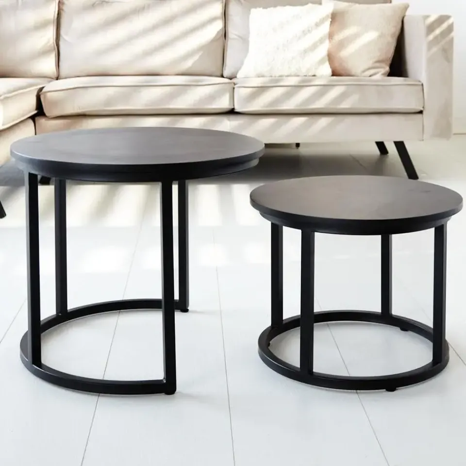 Dimehouse Industriële salontafel set van 2 Rosa zwart - 54x54x44 cm - Mangohout - Zwart Clearance