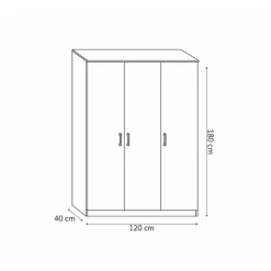 Interiax Opbergkast - Kledingkast 'Amelie' - Wit - 3 Deurs - 180x120x40cm Outlet