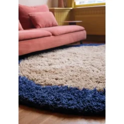 Interieur05 rond hoogpolig vloerkleed polyester Pilo beige/blauw - 240 x 240 cm Discount