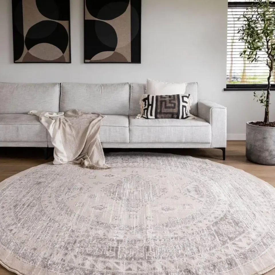 Interieur05 rond vintage Aila vloerkleed zand/beige - 120 x 120 cm Sale