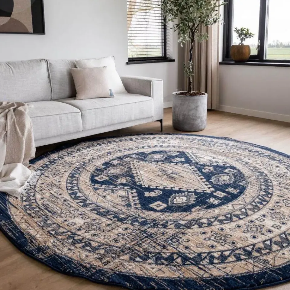 Interieur05 rond vintage vloerkleed Aila blauw - 160 x 160 cm Clearance
