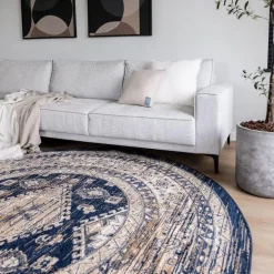 Interieur05 rond vintage vloerkleed Aila blauw - 160 x 160 cm Clearance