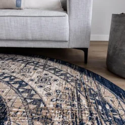Interieur05 rond vintage vloerkleed Aila blauw - 160 x 160 cm Clearance
