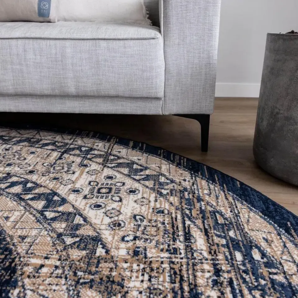 Interieur05 rond vintage vloerkleed Aila blauw - 160 x 160 cm Clearance