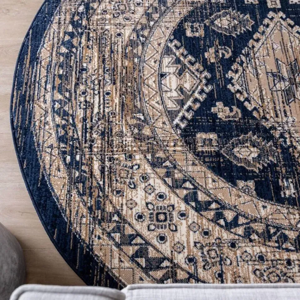 Interieur05 rond vintage vloerkleed Aila blauw - 160 x 160 cm Clearance
